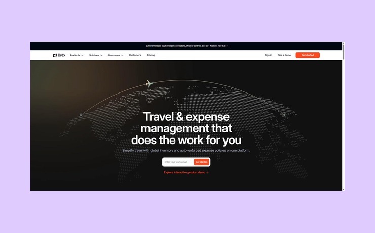 Brex Travel homepage promoting travel and expense management with global booking inventory and automated expense policies.