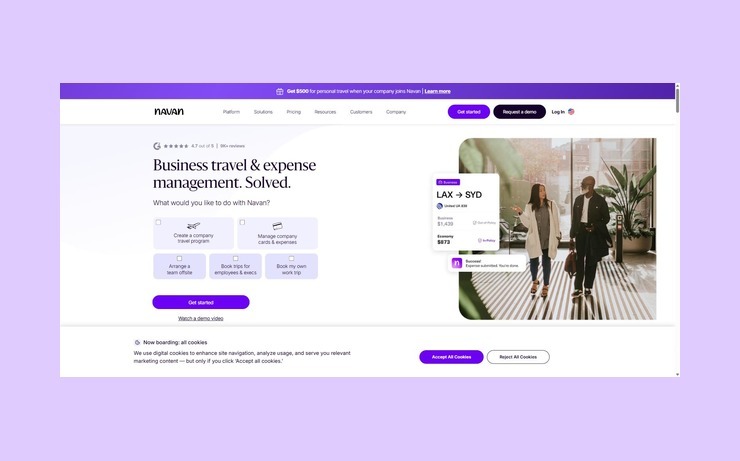 Navan homepage showing options to create a travel programme, manage company cards and expenses, or book a trip, alongside a sample flight booking.