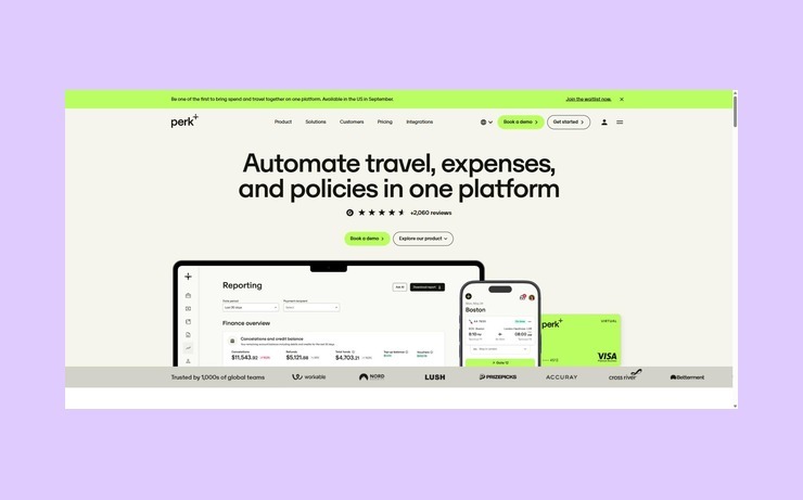 Perk, formerly TravelPerk, homepage promoting automated travel, expense and policy management, with a reporting dashboard preview.