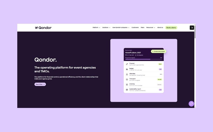 Qondor homepage showing the event operating platform, with a live event project card tracking budget, attendees, time and sustainability reporting.