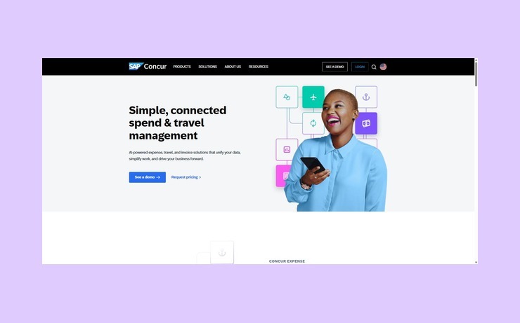 SAP Concur homepage promoting its AI-powered expense, travel and invoice management platform.
