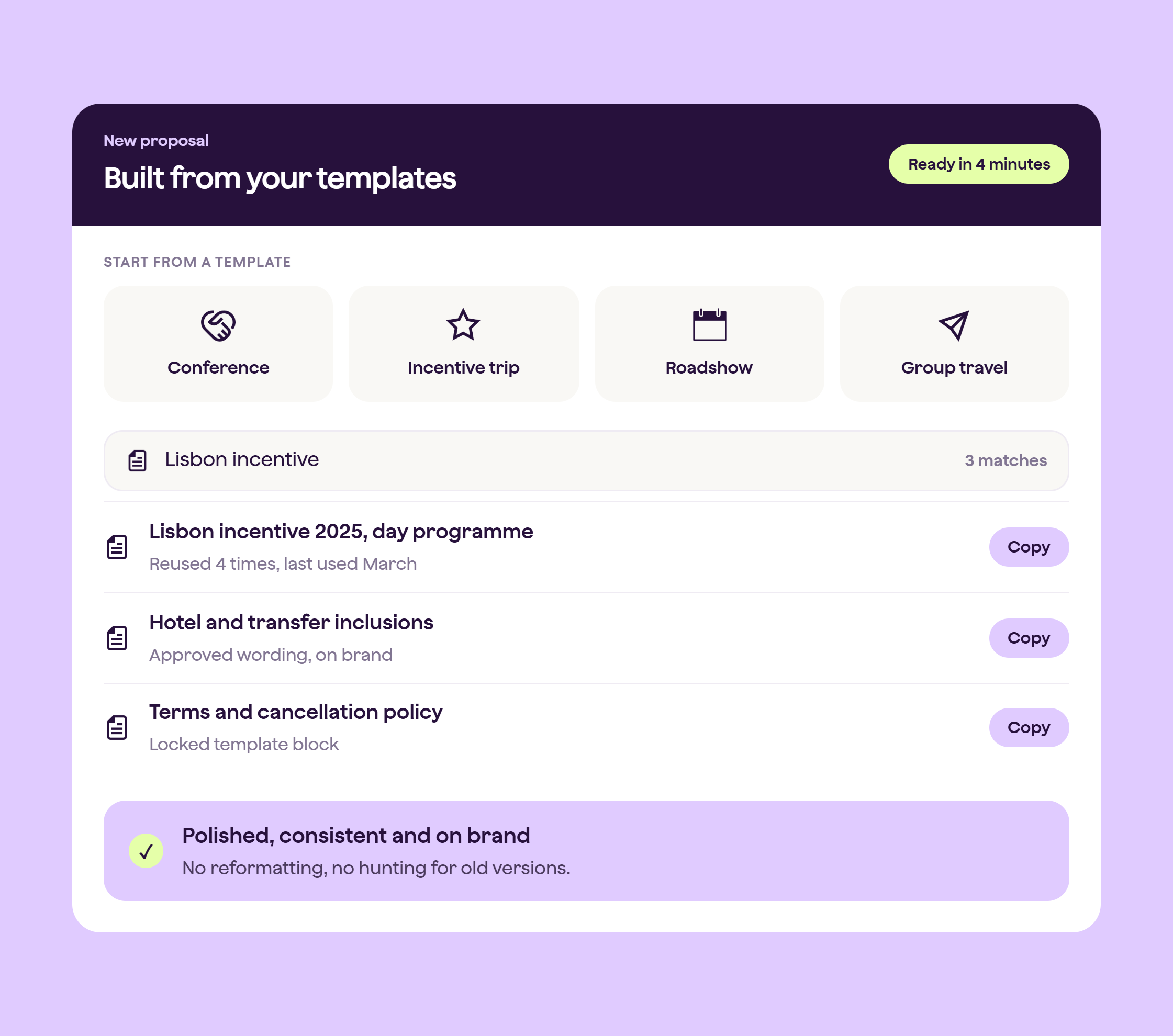 A Qondor proposal being built from reusable templates, with search results showing previous content blocks that can be copied straight into a new, on-brand proposal.